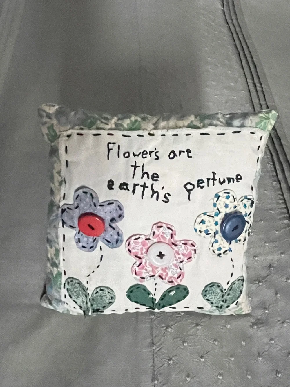 Handmade Floral Embroidered Accent Pillow with Button Accent Flowers 7
